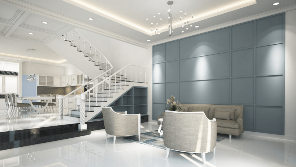 a modern living room with blue walls and white floors