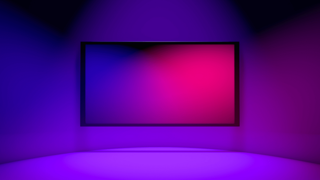 an empty room with purple and blue lights