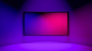 an empty room with purple and blue lights