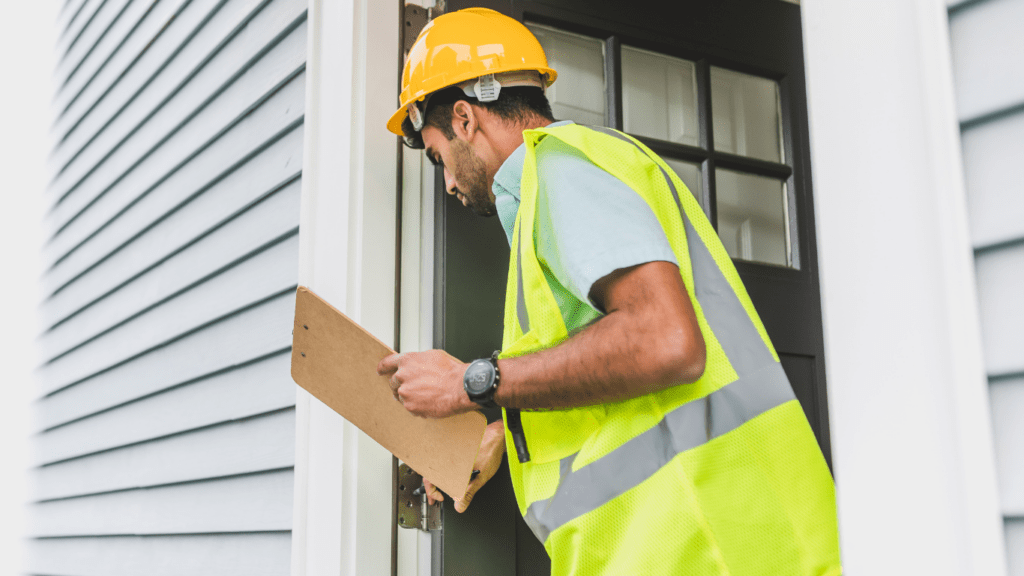 a person in a safety vest is holding a clipboard while standing in front of a house