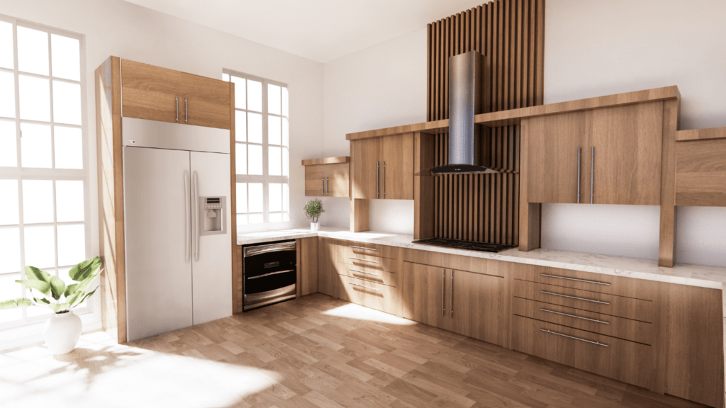 a kitchen with blue cabinets and wooden counter tops