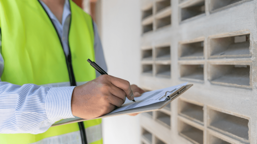 a person in a safety vest is holding a clipboard while standing in front of a house