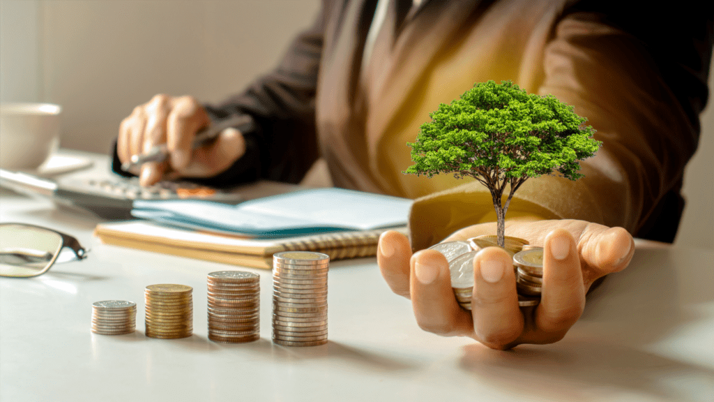 a person in a suit holding a jar with a tree growing out of it