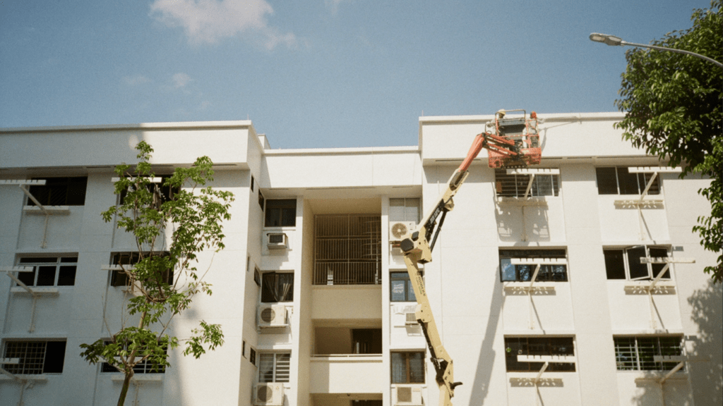 an apartment building with balconies and potted plants