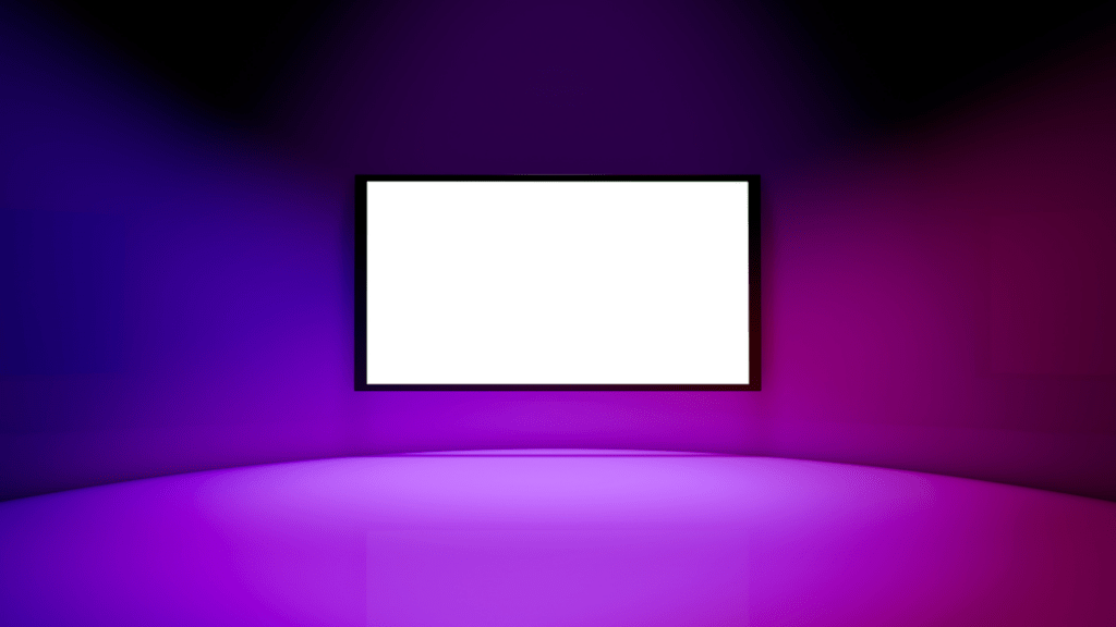 an empty room with purple and blue lights